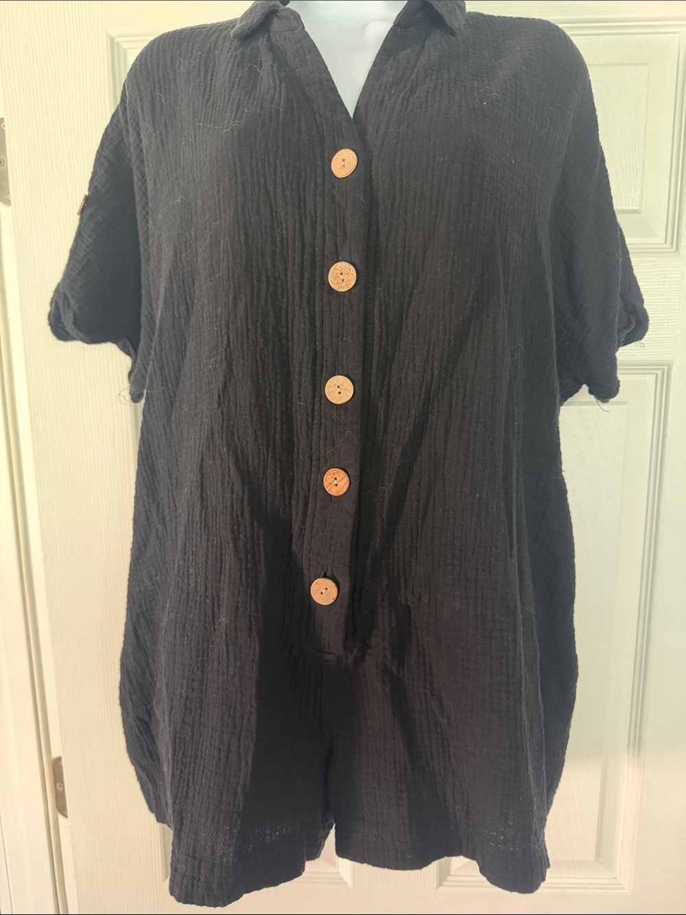 Petal & Pup Black Short-Sleeve Button Romper